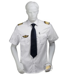 Chemise pilote blanche opaque manches courtes, cintrée, avec épaulettes et poche stylo, coton