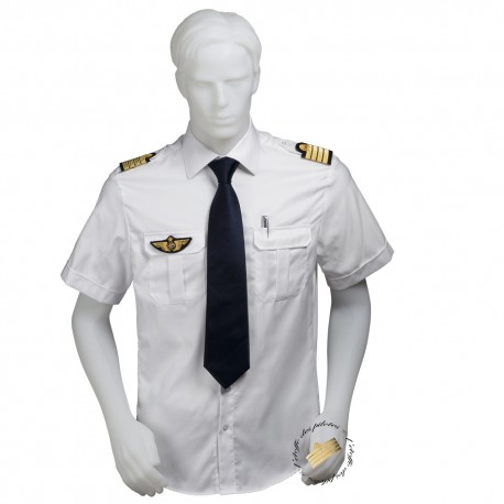 Chemise pilote blanche opaque manches courtes, cintrée, avec épaulettes et poche stylo