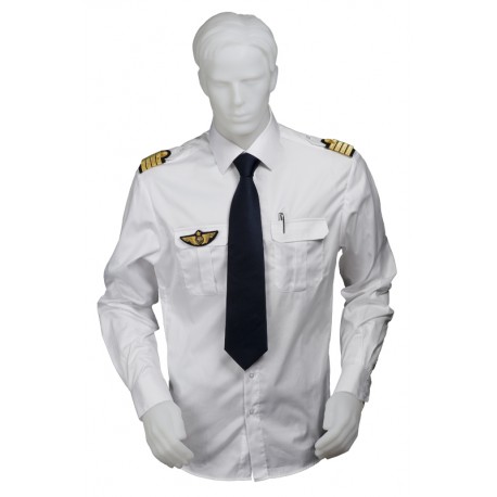 Chemise pilote blanche opaque manches longues, cintrée, avec épaulettes et poche stylo