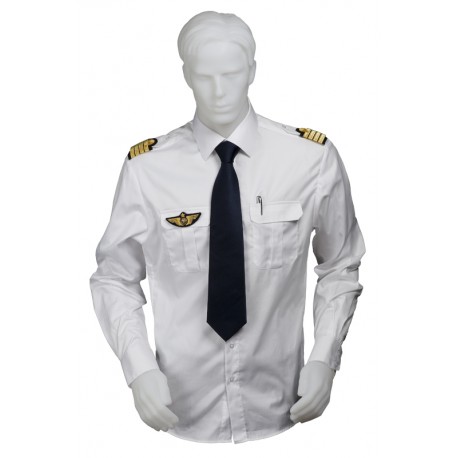 Chemise pilote blanche tissu motif chevrons manches longues, cintrée, avec épaulettes et poche stylo, coton
