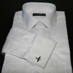 Chemise pilote à manchettes, blanche, boutonnière de manchettes pour boutons, cintrée, avec épaulettes et poche stylo, coton